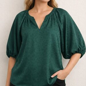 Anne Klein Green Jacquard Blouse Puff Sleeve Flowy Top Medium